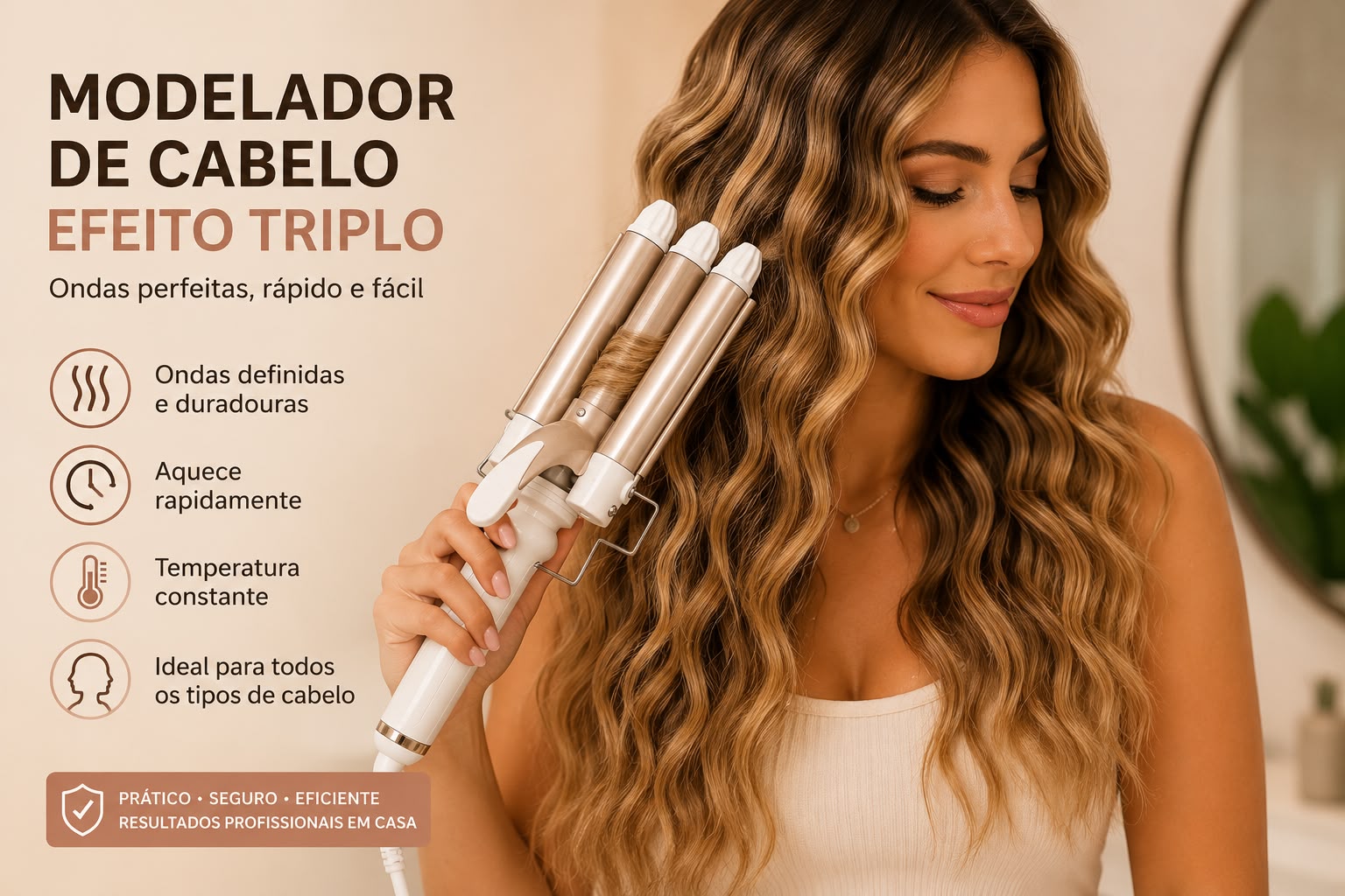 Modelador de Cabelo Triplo (Triondas) – Ondas e Efeito Beach Waves